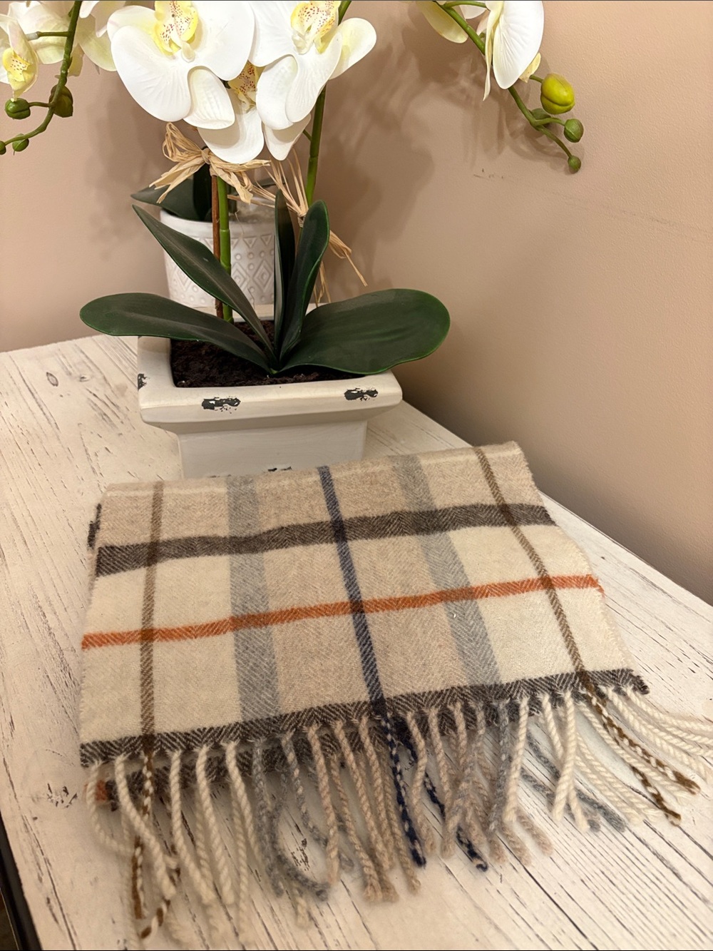 Cozy Plaid Wool and Cashmere Scarf in Cream, Brown & Blue